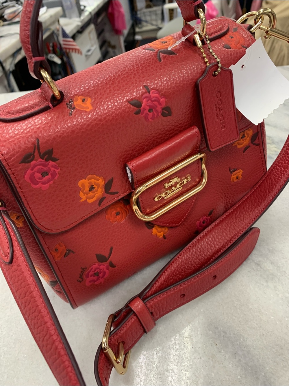 Coach Red Floral Pebbled Leather Crossbody with Gold Hardware - Picture 2 of 9